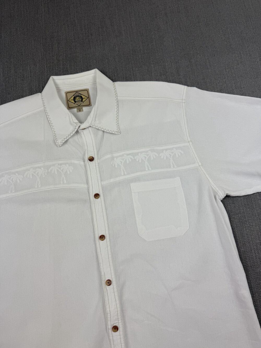 Scully Farthest Point Camp Shirt XL White Palm Tree Embroidered Peruvian Cotton